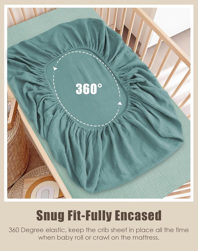 SWEET DOLPHIN 2-Pack Muslin Crib Sheets for Boys & Girls, Ultra Soft Breathable 40S Long-Staple Cotton Fitted Baby Sheets for Standard Crib Mattress 52"x28", Light Teal- Nursery Essentials - Image 3